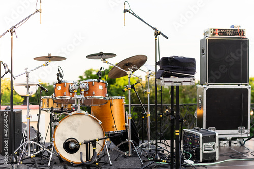Music Instruments, Drums, Guitar on stage