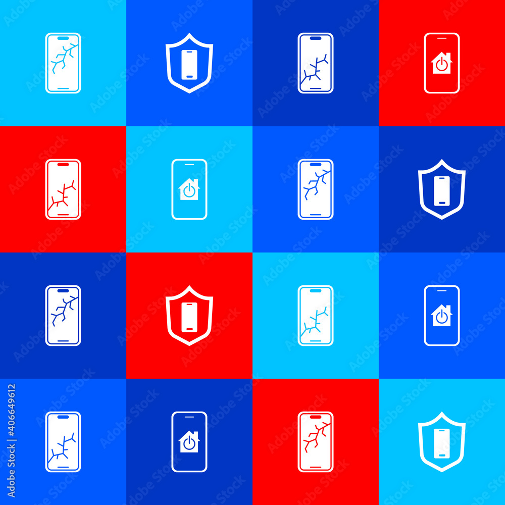 Set Mobile with broken screen, shield, and smart home icon. Vector. Set Mobile with broken screen, shield, and smart home icon. Vector.