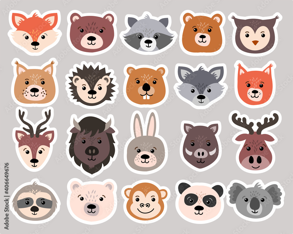 Fototapeta premium Beautiful set of child style woodland and exotic animals vector collection