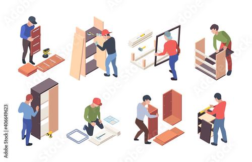 Furniture production. Upholstered instruments for wooden furniture crafting workers assembly shelves and desks vector isometric. Furniture worker, wood profession, handyman and craftsman illustration