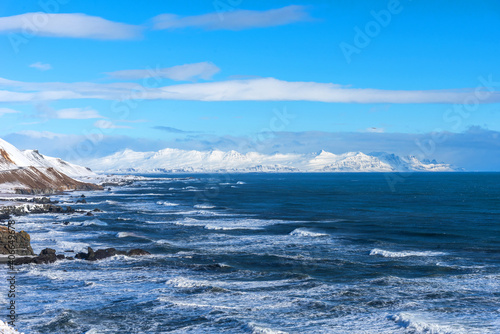 Beautiful winter view of picturesque Atlantic Ocean in Iceland. A waves of the Atlantic Ocean hit the coast of Iceland. The coast of Atlantic Ocean in winter. © Ekaterina Loginova