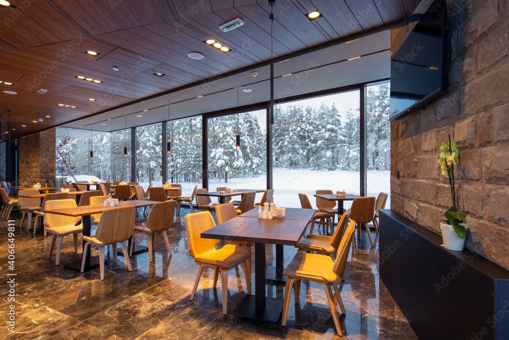 Interior of a modern mountain restaurant