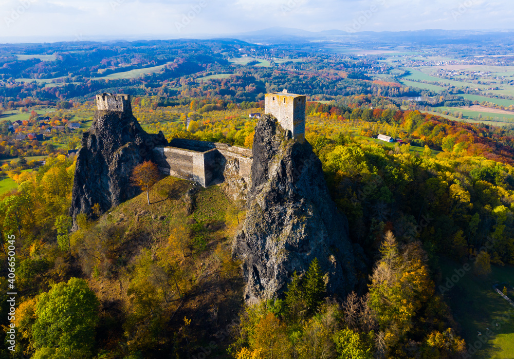 Above view of medieval castle Trosky. Czech Republic