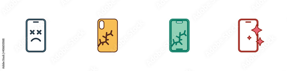 Set Dead mobile, Mobile with broken screen, and Glass protector icon. Vector. Set Dead mobile, Mobile with broken screen, and Glass protector icon. Vector.
