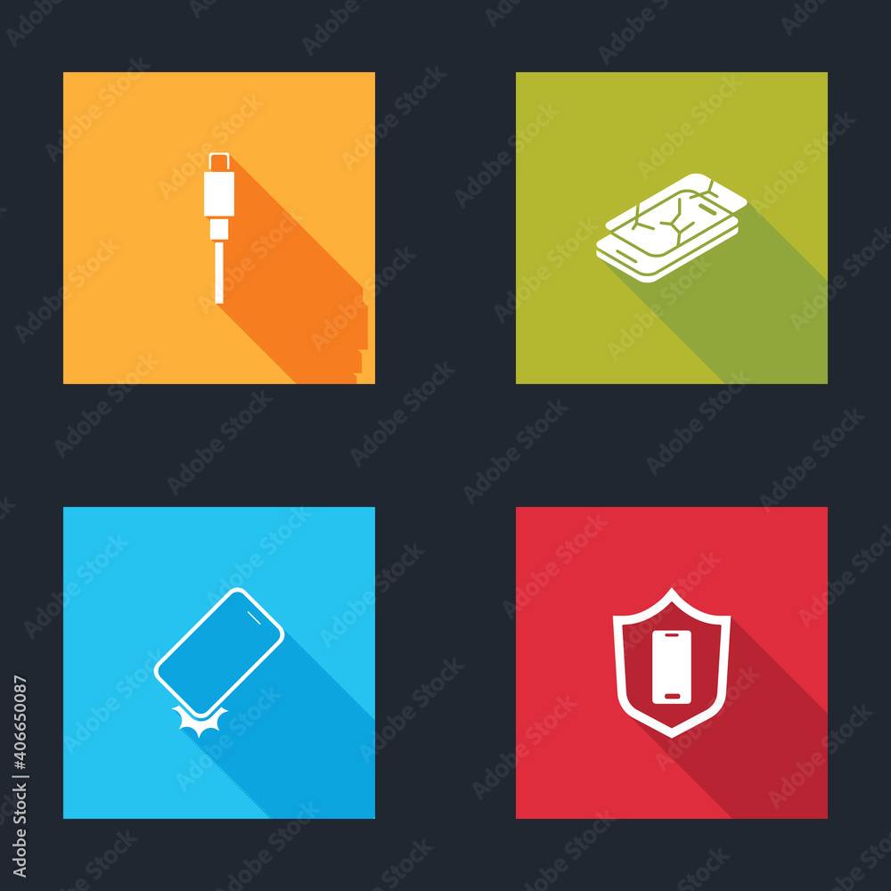 Set USB cable cord, Mobile with broken screen, Shockproof phone and shield icon. Vector.