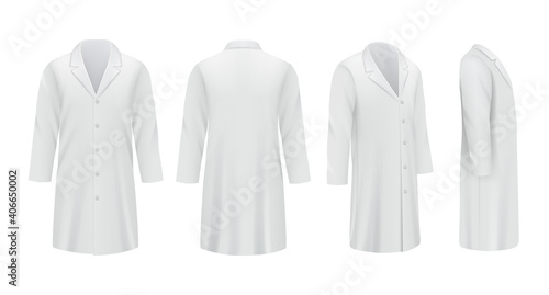 Medical coats. White templates professional doctor clothes specialists uniform decent vector mockup. Medical clothing suit, clothes uniform illustration
