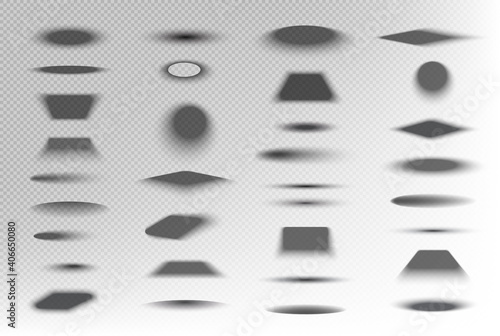 Geometrical shadows. Transparent round realistic shapes from boxes oval and square forms decent vector set. Realistic shadow empty, decoration transparent black illustration
