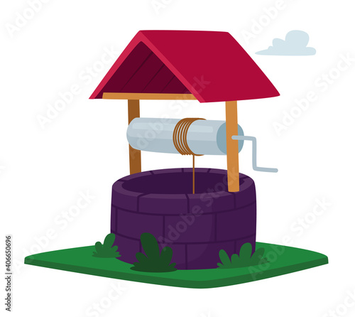 Water Well with Rotating Handle, Bucket on Rope, Wooden Roof and Brick Fencing Isolated on White Background