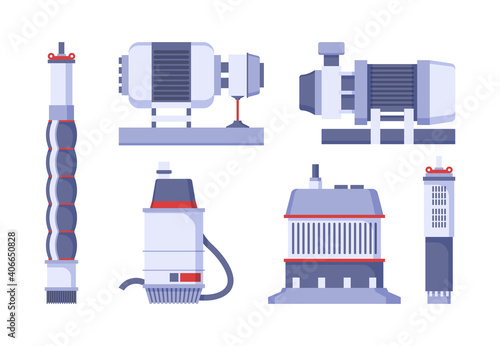 Water pump set. Industrial station with pumped diesel motors supply tank tubes factory machines garish vector illustrations. Pump pipe, sewage and supply centrifugal filter