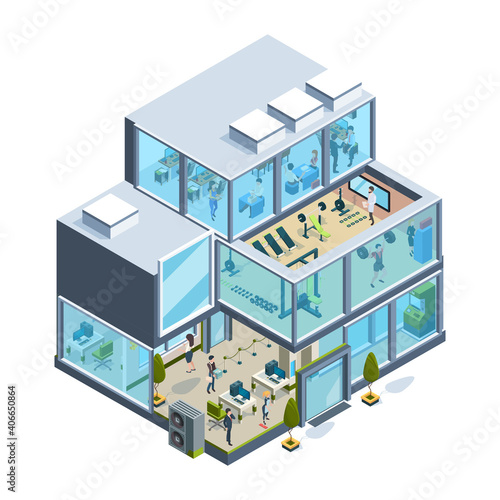 Business building isometric. Glass facade offices inside modern architecture elevators garish vector house. Facade office isometric with gym and lobby illustration