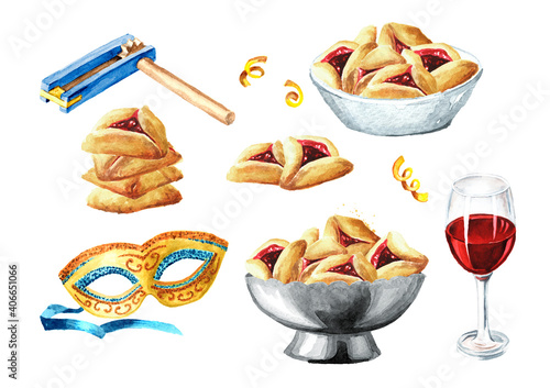 Carnival mask, Wooden gragger grogger noise maker, glass of wine and Traditional Jewish cookies Hamantaschen for Purim holiday set. Hand drawn watercolor illustration isolated on white background photo