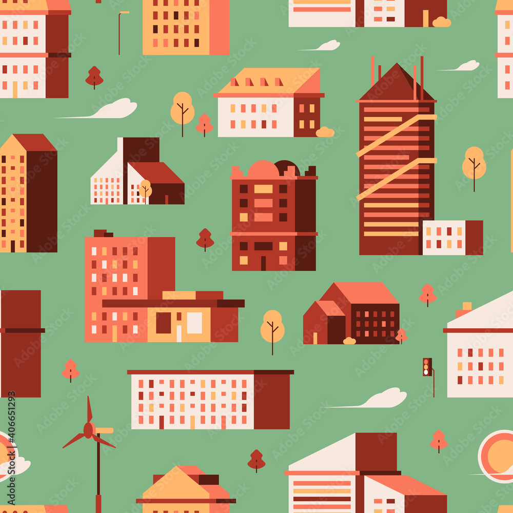 Houses seamless pattern. Urban buildings small city constructions garish vector background. Building architecture wrapping, backdrop trendy illustration