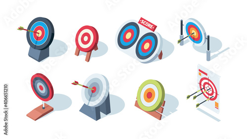 Arrow target. Archery goals game performance dartboards garish vector isometric pictures. Illustration aiming and achievement in marketing