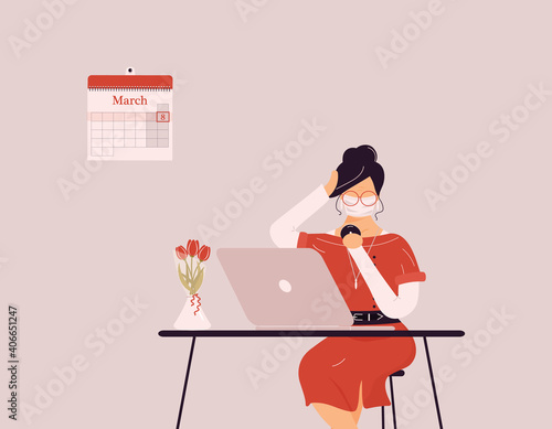 March 8 International Women`s Day.Cute brunette woman in protective medical mask preening work on laptop.Vase with tulips on desk.Smart lady trainer,coach or accountant on webinar or workshop.Vector