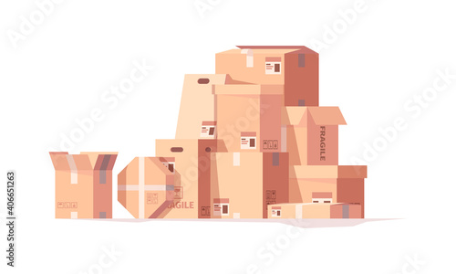 Packages stack. Delivery cardboard boxes cargo containers hills piles garish vector set. Illustration shipping box, cardboard stack, package parcel