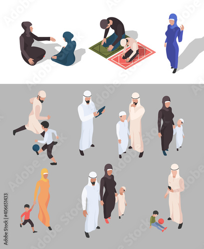 Muslim people. Isometric arab persons traditional big family islam garish vector persons isolated. Illustration arab muslim family design, arabic isometric traditional people