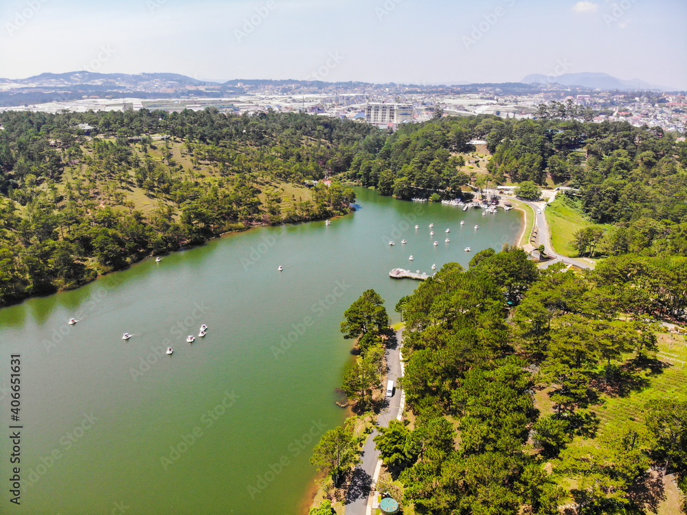 Aerial view of Love Valley park in Dalat, Vietnam is one of the most romantic sites of Da Lat city, with many deep valleys and endless pine forests Aerial view of Love Valley park in Dalat, Vietnam is one of the most romantic sites of Da Lat city, with many deep valleys and endless pine forests