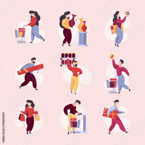Buyers in shop. Supermarket characters with basket and products shelves garish vector buyers. Supermarket basket, character customer, in retail shop illustration