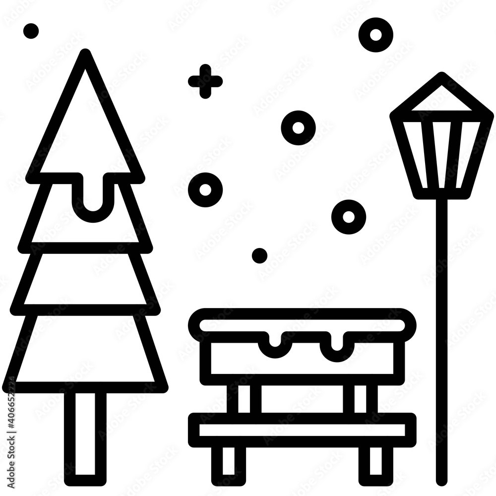 Wooden Bench with tree and lamp post icon, Winter city related vector Wooden Bench with tree and lamp post icon, Winter city related vector