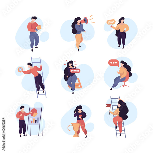 Project development. Success startup business investors marketing processes perfect brand production managing garish vector concepts. Startup entrepreneur, investor professional character illustration