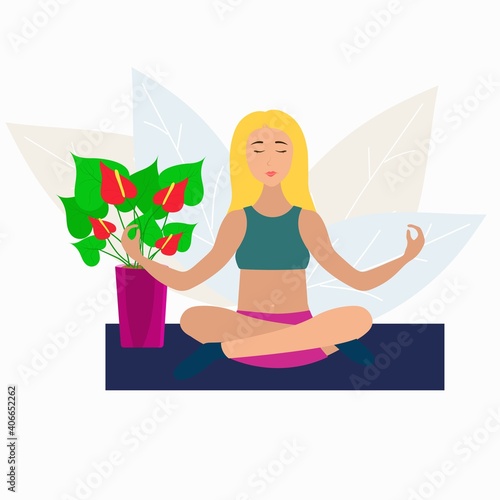 woman doing yoga, pose on mat, sports at home, anthurium, male happiness, vector