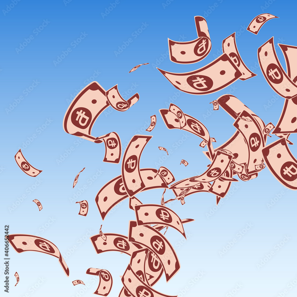 Fototapeta premium Russian ruble notes falling. Messy RUB bills on blue sky background. Russia money. Bewitching vector illustration. Wonderful jackpot, wealth or success concept.