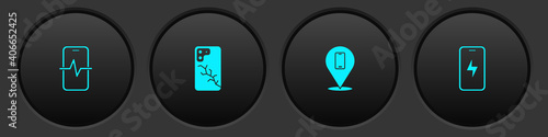 Set Phone repair service, Mobile with broken screen, and charging battery icon. Vector.