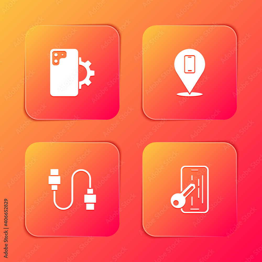 Set Phone repair service, , USB cable cord and Glass screen protector icon. Vector. Set Phone repair service, , USB cable cord and Glass screen protector icon. Vector.