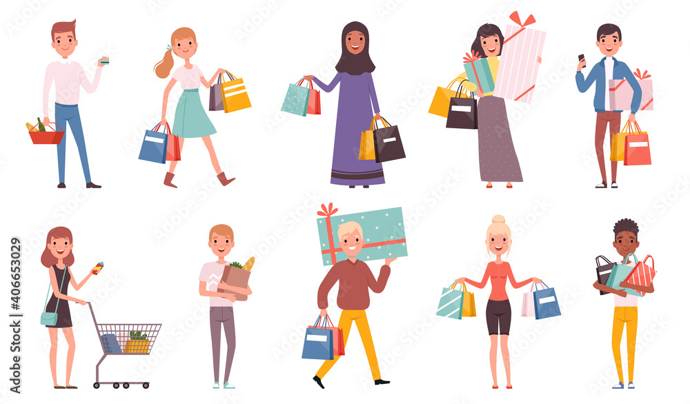 Buyers. Retail supermarket buyers with shopping bags shopaholic persons nowaday vector characters. Buyer with bag in retail, shopper illustration