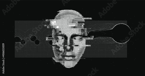 Abstract technology background with 3d face mask made of particles. Conceptual illustration of Artificial intelligence. photo