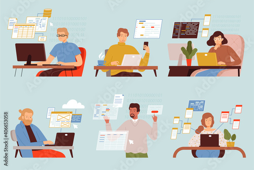 Programmers working. Freelancers blogger students homework digital computer pc or laptop nowaday vector character. Freelancer professional working, development work illustration