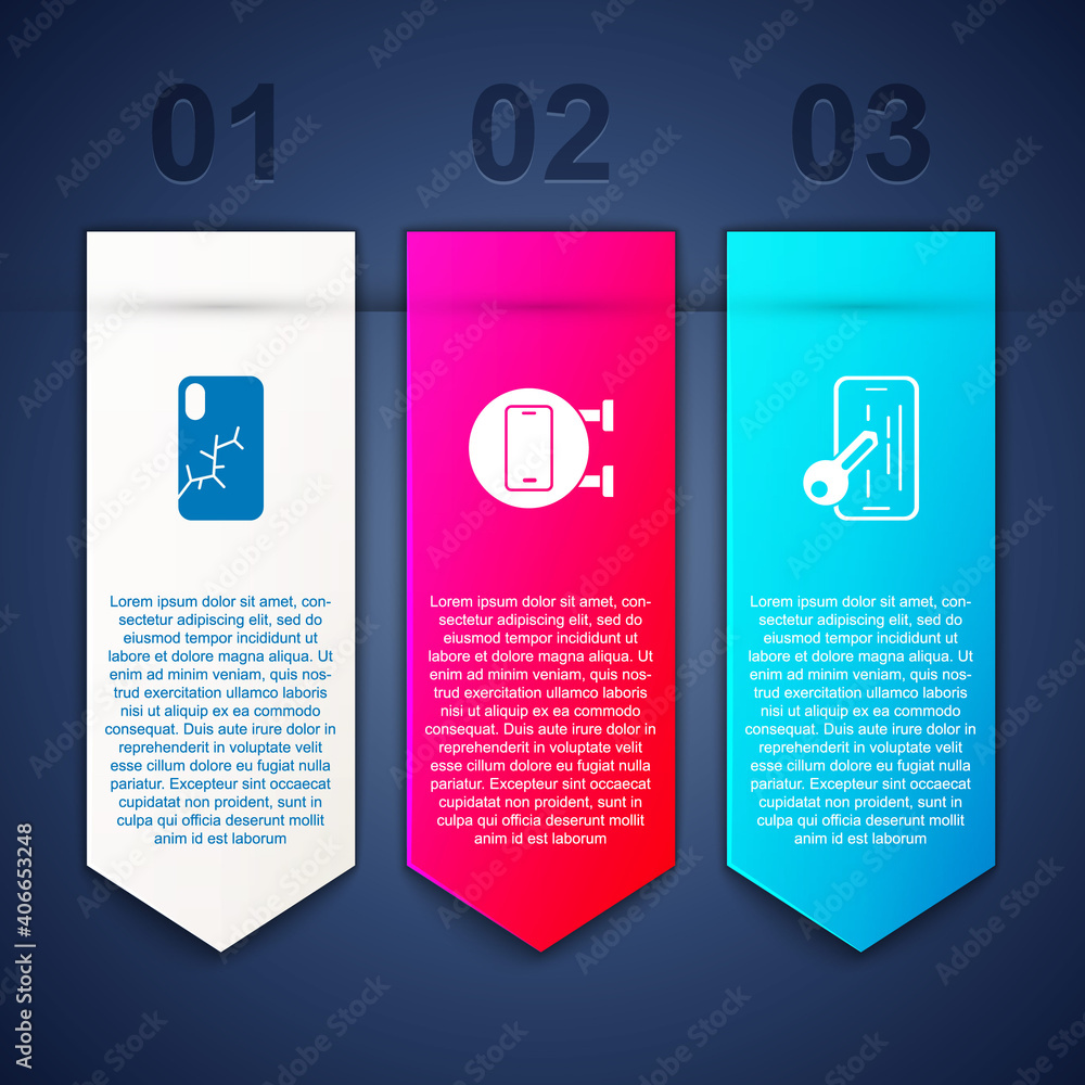 Set Mobile with broken screen, Phone repair service and Glass protector. Business infographic template. Vector. Set Mobile with broken screen, Phone repair service and Glass protector. Business infographic template. Vector.