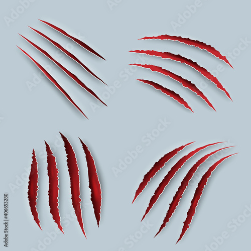 Claw. Scary scratches with blood tiger claws decent vector realistic templates. Scratch injury from animals paw, slash laceration illustration