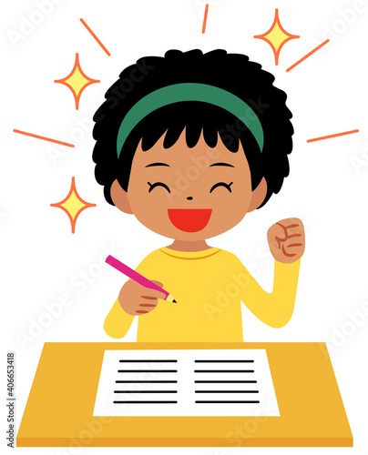 A girl studying and doing school homework holding a pencil
