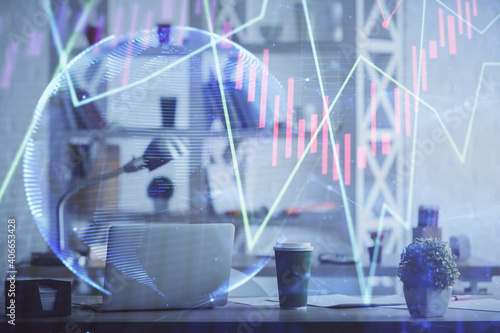 Double exposure of stock market graph drawing and office interior background. Concept of financial analysis.