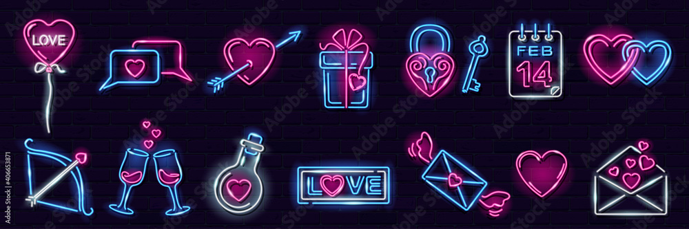 Set of neon Valentine's Day icons on dark brick wall background: heart with arrow, letter, chat, gift box, heartshape balloon. Love, romance, wedding concept. Vector 10 EPS illustration. - obrazy, fototapety, plakaty 