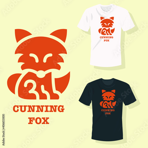 Orange Fox sitting logo with text as cunning fox T shirt clothing fashion design