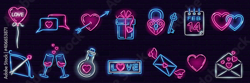 Set of neon Valentine's Day icons on dark brick wall background: heart with arrow, letter, chat, gift box, heartshape balloon. Love, romance, wedding concept. Vector 10 EPS illustration.