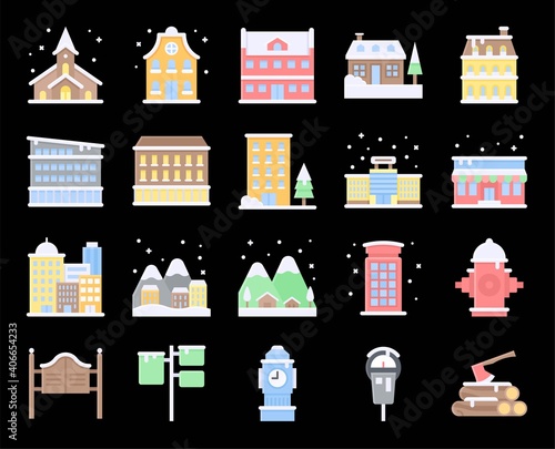 Winter City related flat vector icon set 3