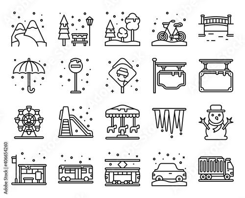Winter City related line vector icon set