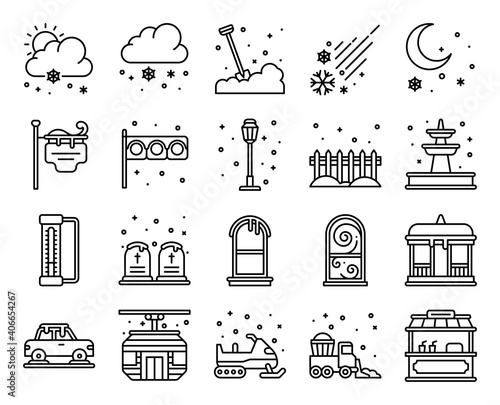 Winter City related line vector icon set 2