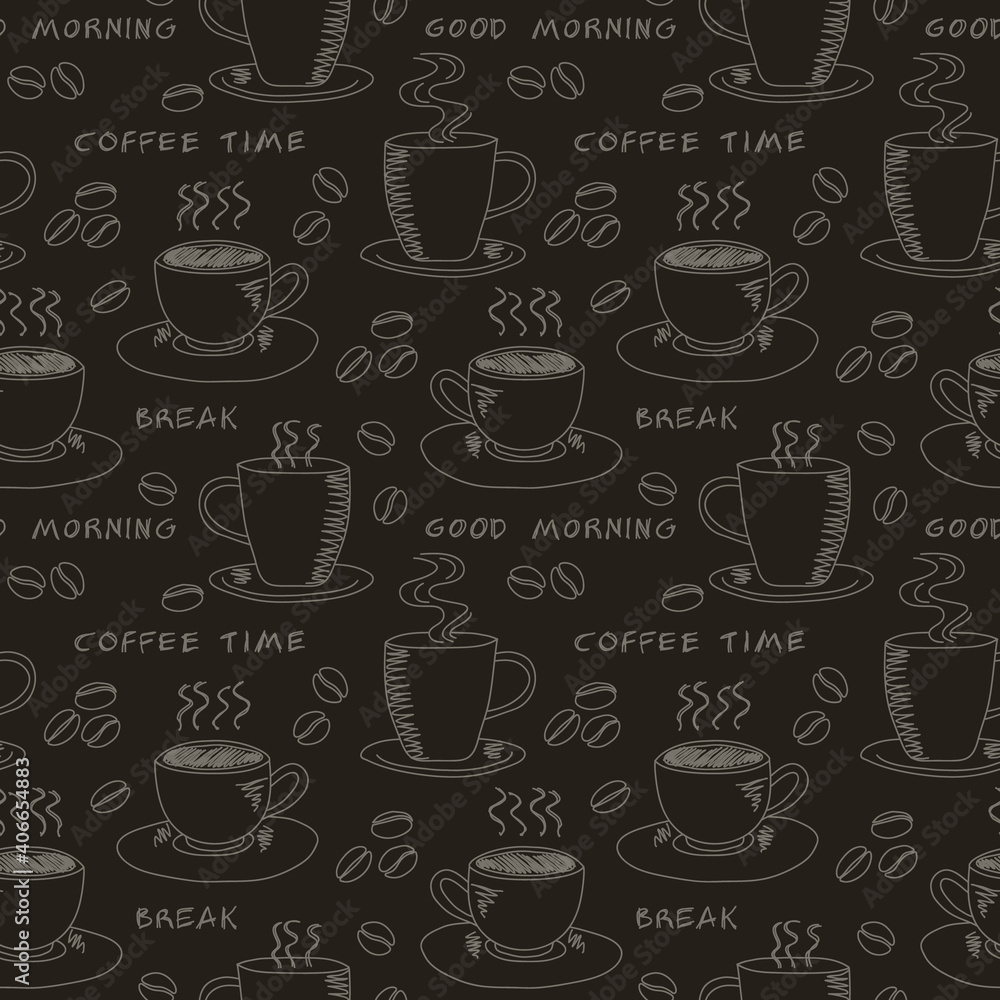 Seamless pattern with various smoking cup of coffee with coffee beans, doodle illustration with handwritten text coffee time, good morning and break, beige drawing on dark brown background, eps 10