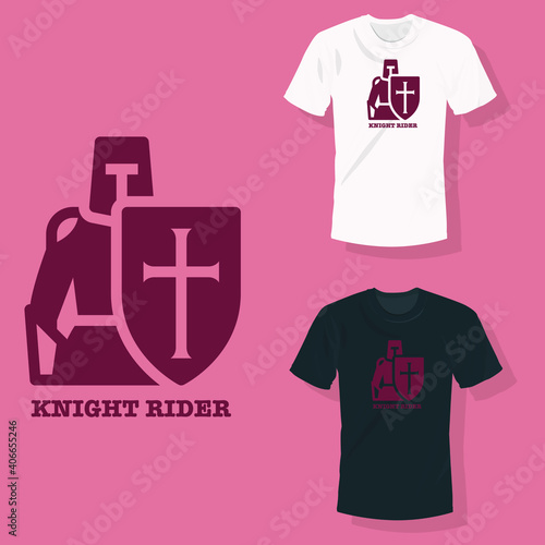Knight standing with shield with a text knight rider T shirt clothing fashion design
