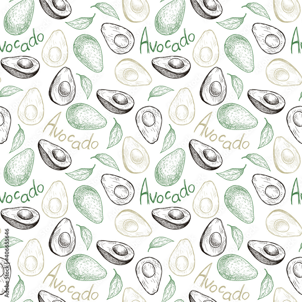 Seamless pattern with sketches of avocado. Vector illustration. Stock illustration. Seamless pattern with sketches of avocado. Vector illustration. Stock illustration.