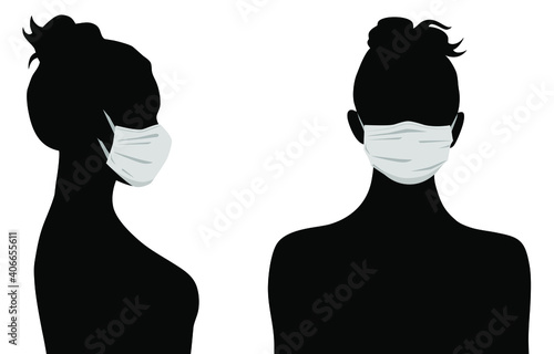 Silhouette of woman in medicine face mask. Concept of coronavirus quarantine and flu protection. New epidemic (covid-19). Vector people icons.
