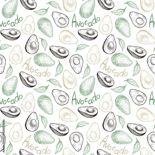 Seamless pattern with sketches of avocado. Vector illustration.  Stock illustration.