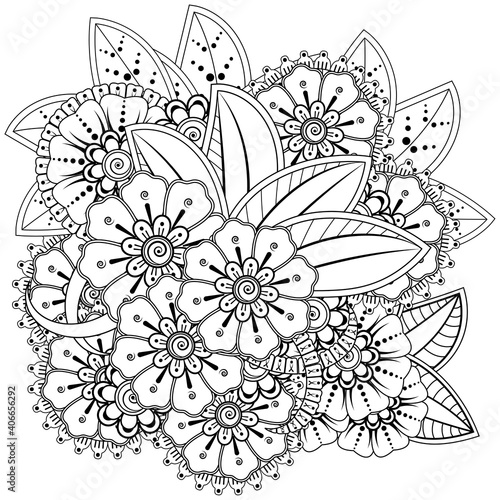 Outline square floral pattern in mehndi style for coloring book page.