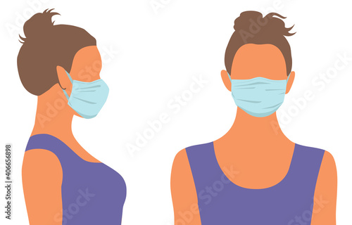 Vector illustration of a person in medicine face mask. Concept of coronavirus quarantine and protection. Silhouette of woman in medicine mask. New coronavirus (Covid-19).