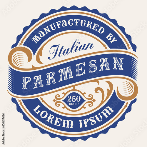 A vector cheese label in vintage style, all elements in the design are in the separate group and editable.