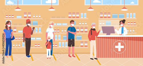People in face mask and safe distance buying medication